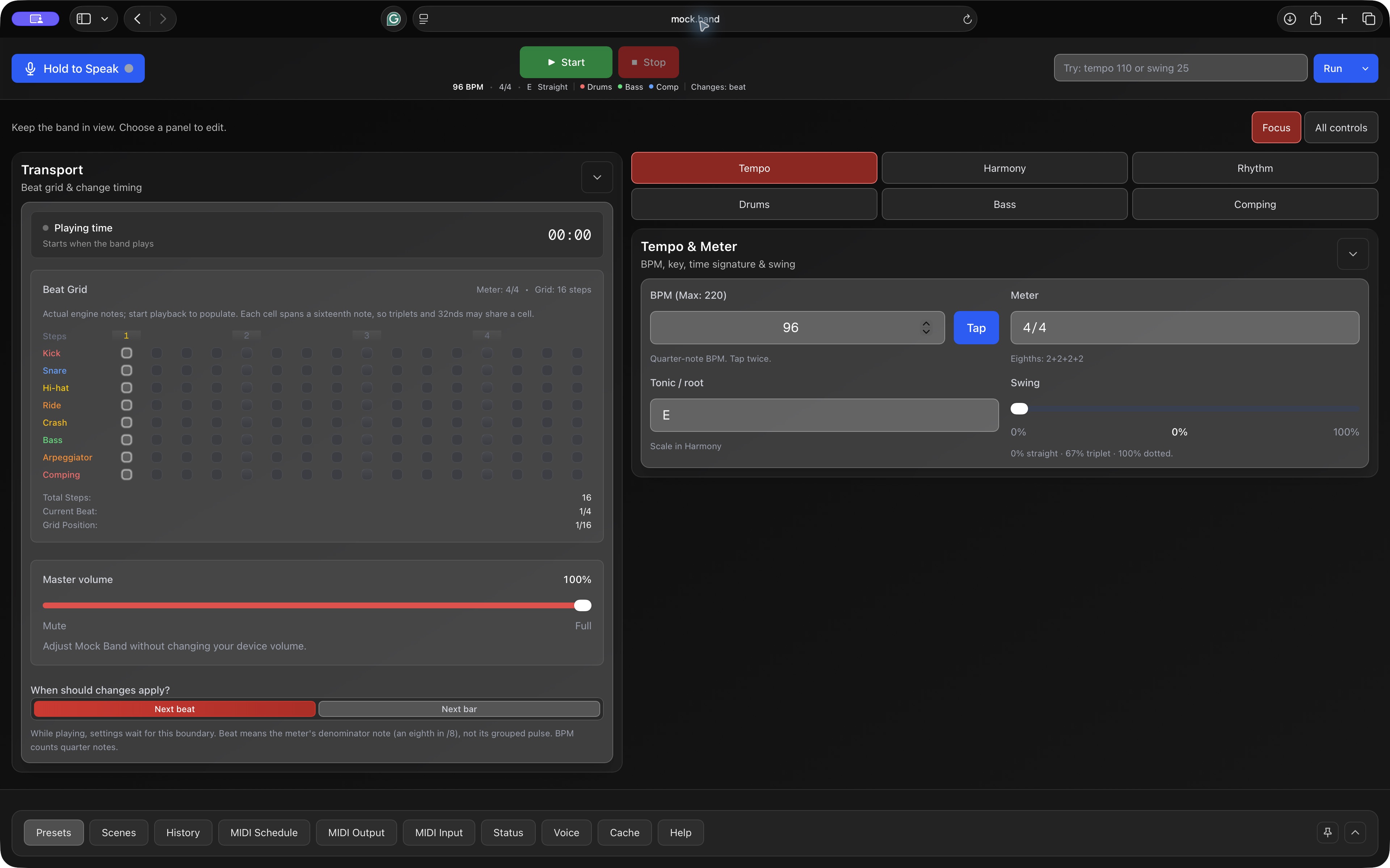 Deployed Mock Band in Focus view, with transport beside tempo and meter controls and playback stopped.